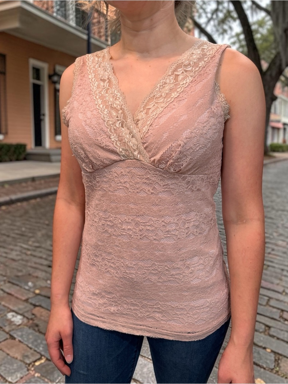 New York & Company Pale Blush Lace Detail Top